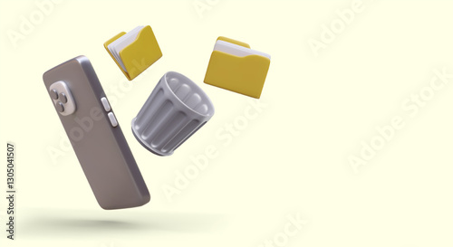 Concept of phone memory cleaning application. Realistic smartphone, folders with documents, metal trash can. Deleting unnecessary data. Software advertising