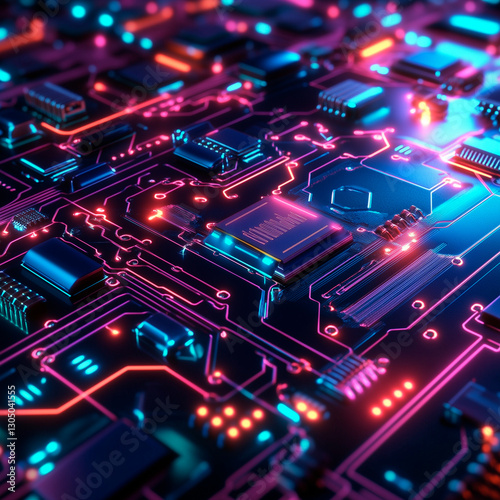 Futuristic Quantum Computing Network with Neon Lights