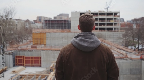 Urban Construction Site - Man Contemplating Future photo