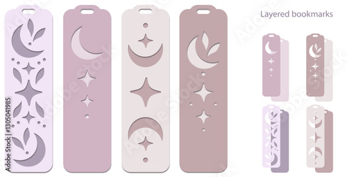 Set of bookmarks with crescent moon, star and leaves, Celestial tags, Layered paper cut svg design