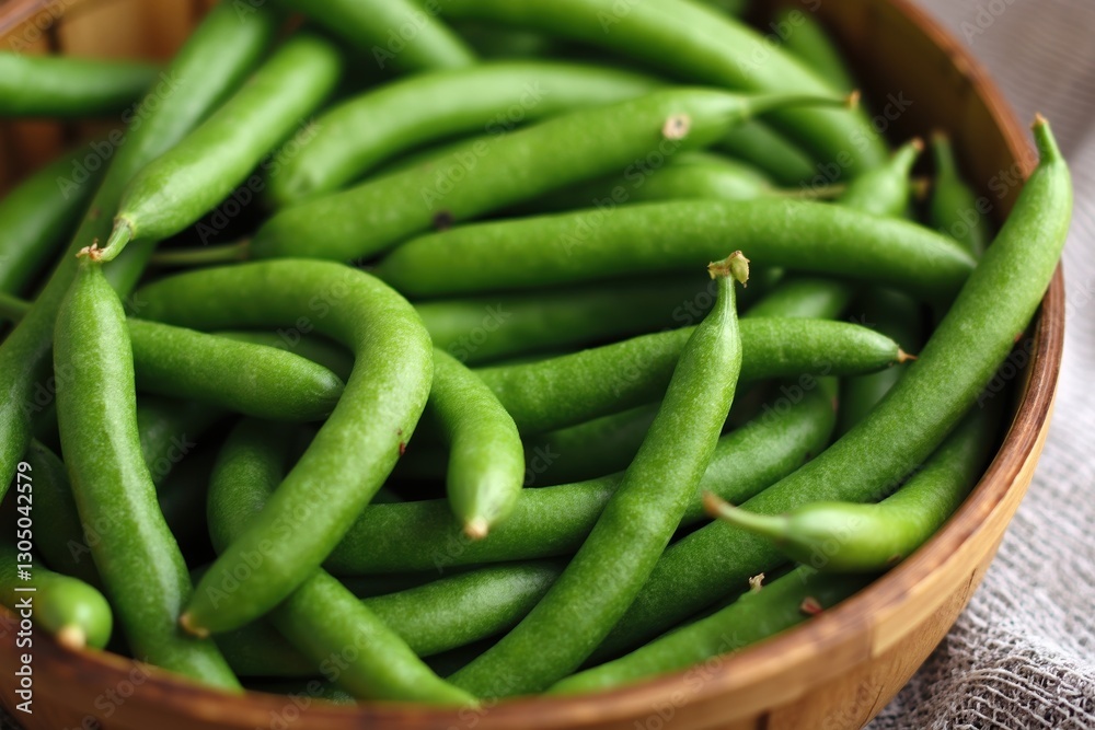 A Wooden Bowl Filled With Green Beans on a Table - Generative AI A Wooden Bowl Filled With Green Beans on a Table - Generative AI