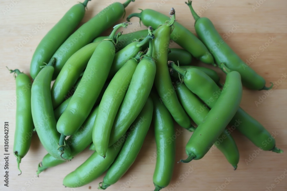 A Pile of Green Beans Sitting on Top of a Wooden Table - Generative AI A Pile of Green Beans Sitting on Top of a Wooden Table - Generative AI