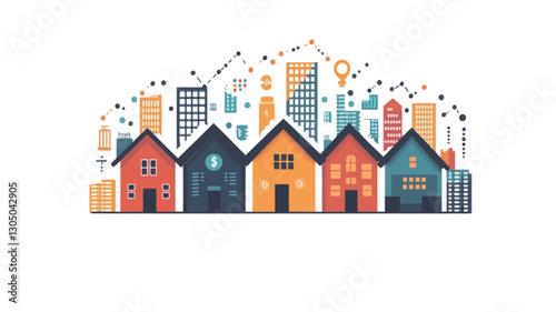 A digital illustration depicting a row of colorful, stylized houses situated in front of a simplified cityscape. The houses are rendered in a flat design style with bold colors and simple
