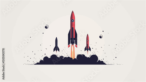 A minimalist vector illustration depicting three stylized rockets launching into space. The rockets are red and white, with simple geometric shapes.  The largest rocket is centrally