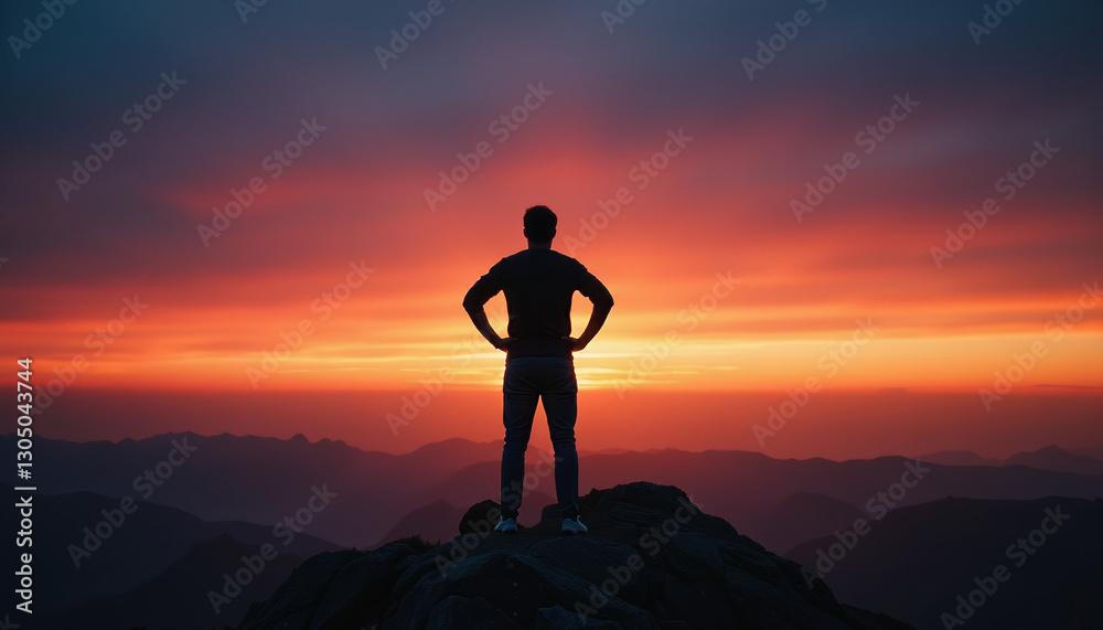 Victorious silhouette atop rocky peak at sunset, symbolizing success