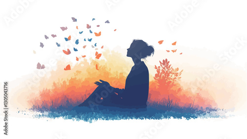 Digital illustration depicting a female silhouette sitting with legs crossed, facing right.  The silhouette is rendered in dark blue, contrasting with a warm-toned, abstract