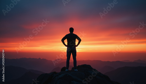 Victorious silhouette atop rocky peak at sunset, symbolizing success