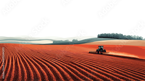 The image shows a wide shot of a flat, plowed field. The field is predominantly a reddish-brown color, with visible parallel lines indicating recent plowing. A green tractor is visible in