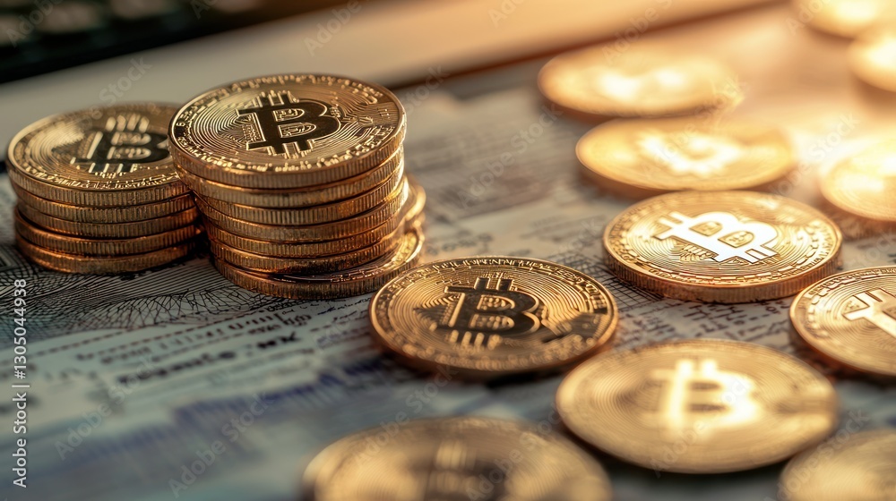 Bitcoin Coins Stacked on Financial Documents with Soft Lighting Effects Bitcoin Coins Stacked on Financial Documents with Soft Lighting Effects