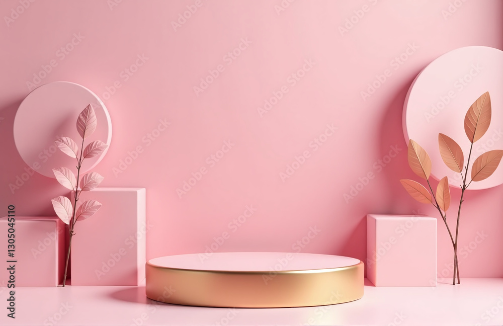 A 3d Rendered Image Showcases An Abstract Background With A Gold And Pink Colored Podium For Displaying Products And Artwork. A 3d Rendered Image Showcases An Abstract Background With A Gold And Pink Colored Podium For Displaying Products And Artwork.