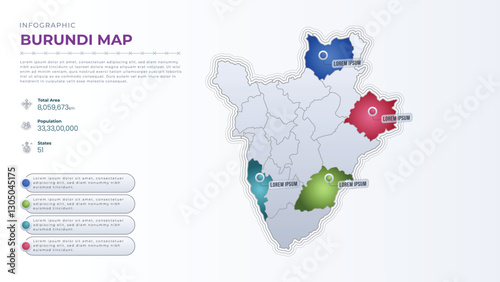 Total Area, Papulation, States & More Detailed Infographic Map of Burundi. Burundi country map infographic colored vector template with regions and pointer marks.