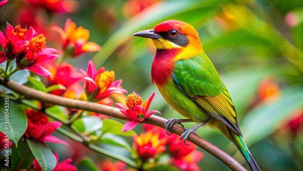 Vibrant plumage bird perched on a blossoming branch amidst a profusion of colorful flowers Vibrant plumage bird perched on a blossoming branch amidst a profusion of colorful flowers