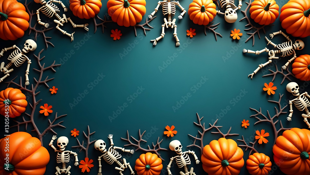 Obraz premium Skeletons and pumpkins border frame with spooky copy space for Halloween concept as Detailed skeletons and carved pumpkins framing spooky space for Halloween greetings in Photo Stock Concept and em