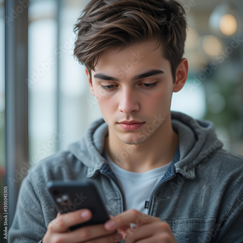 Portrait of teenage boy absorbed in online chat on mobile phone. Concept of youth addiction of social networks