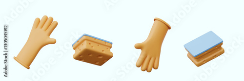 Vector realistic elements for dynamic concepts of washing dishes, cleaning in bathroom. Rubber glove, sponge in different positions. Isolated templates