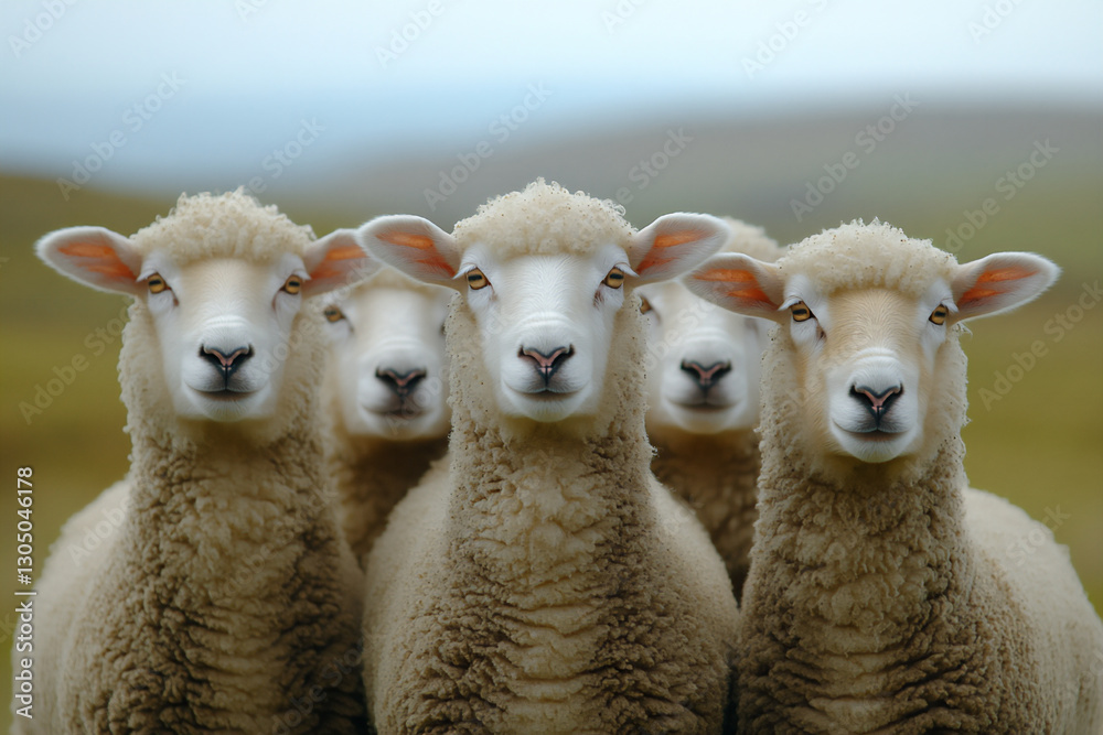 Obraz premium a group of sheep with their heads held high,
