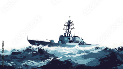 The image shows a detailed illustration or rendering of a naval destroyer cutting through ocean waves. The destroyer is depicted in shades of blue and gray, with visible details suggesting