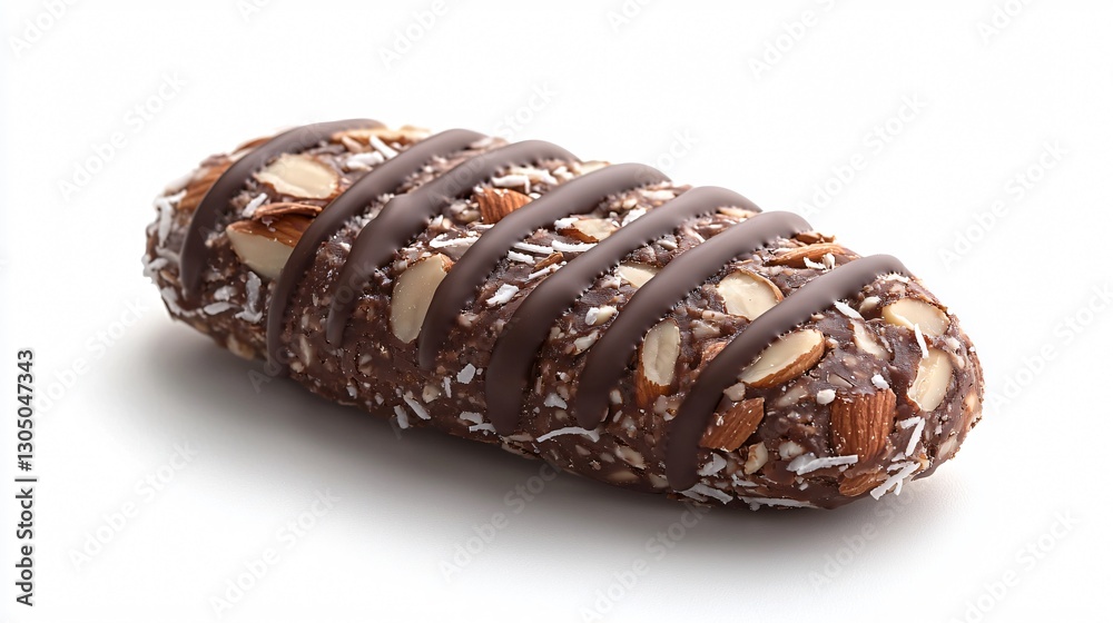 Delicious Chocolate Coated Snack Bar with Almonds and Coconut Flakes on White Background Delicious Chocolate Coated Snack Bar with Almonds and Coconut Flakes on White Background