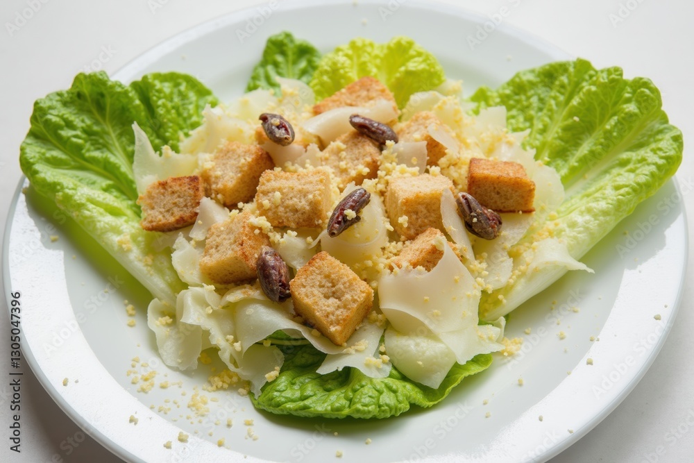 A White Plate Topped With Lettuce Croutons and Raisins - Generative AI A White Plate Topped With Lettuce Croutons and Raisins - Generative AI