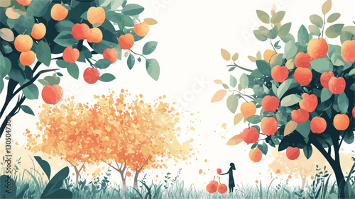 A digital painting or illustration depicting a whimsical orchard scene.  Two fruit trees laden with ripe oranges dominate the foreground, flanking a smaller, yellow-leaved tree in the