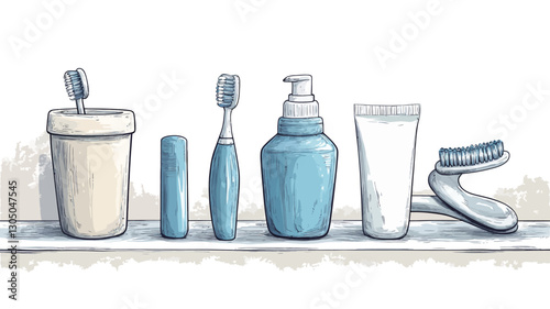 A digital illustration depicts a row of bathroom essentials arranged on a shelf.  The items include a toothbrush in a holder, a tube of toothpaste, a bottle of mouthwash, a pump-action soap