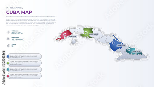Total Area, Papulation, States & More Detailed Infographic Map of Cuba. Cuba country map infographic colored vector template with regions and pointer marks.