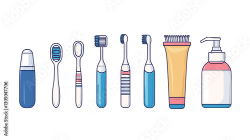 The image shows a collection of illustrated oral hygiene products set against a white background.  The products include various styles of toothbrushes (manual and electric), a tube of