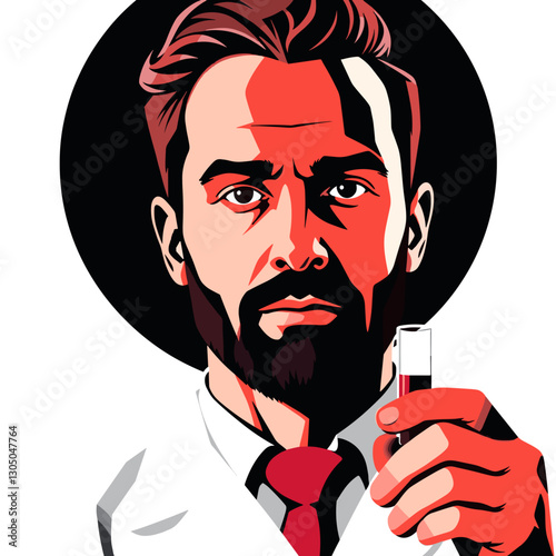 Scientist holding a test tube with a serious expression in a laboratory setting