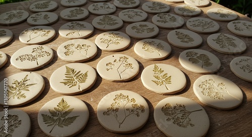 Botanical Impressions on Clay Discs Featuring Fern and Wildflower Designs