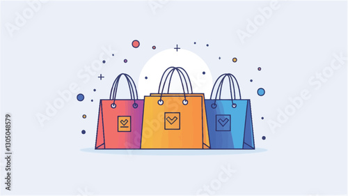 The image is a digital illustration depicting three shopping bags in different colors (pink, orange, blue) arranged in a row.  The bags are simple, flat designs with minimal detailing. A