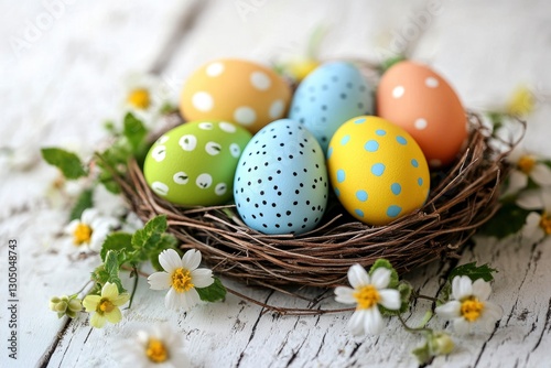 Colorful Easter eggs in a nest with spring flowers on a white wooden background, close-up. Happy Easter concept.