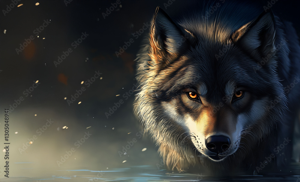 Majestic wolf walking through misty forest water, showcasing its powerful presence and captivating gaze, embodying the wild spirit of nature, wildlife concept Majestic wolf walking through misty forest water, showcasing its powerful presence and captivating gaze, embodying the wild spirit of nature, wildlife concept