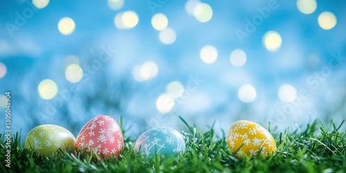 Colorful Easter eggs on the grass with a blue sky background.