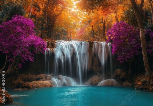 Serene Waterfall Amidst Vibrant Autumn Foliage and Lush Purple Trees in a Tranquil Natural Setting