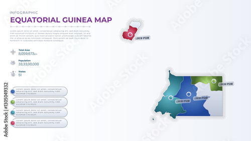 Total Area, Papulation, States & More Detailed Infographic Map of Equatorial Guinea. Equatorial Guinea country map infographic colored vector template with regions and pointer marks.