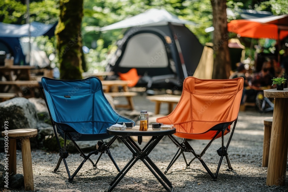 Fototapeta premium Serene camping scene featuring cozy chairs and a small table in a lush forest setting creating a relaxing outdoor atmosphere for nature lovers