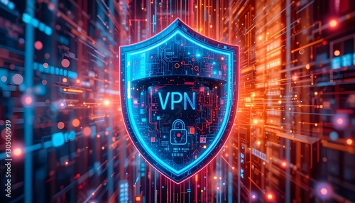 Vibrant Digital Shield Icon Representing VPN Protection in a Futuristic Network Environment