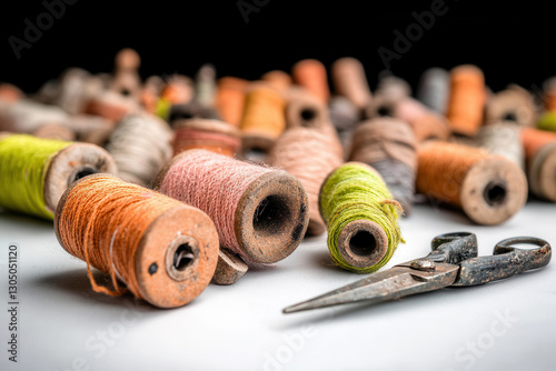 Collection of vintage wooden sewing spools wrapped with colorful thread in various shades, accompanied by a pair of antique scissors, evoking a sense of craftsmanship and timeless tradition
