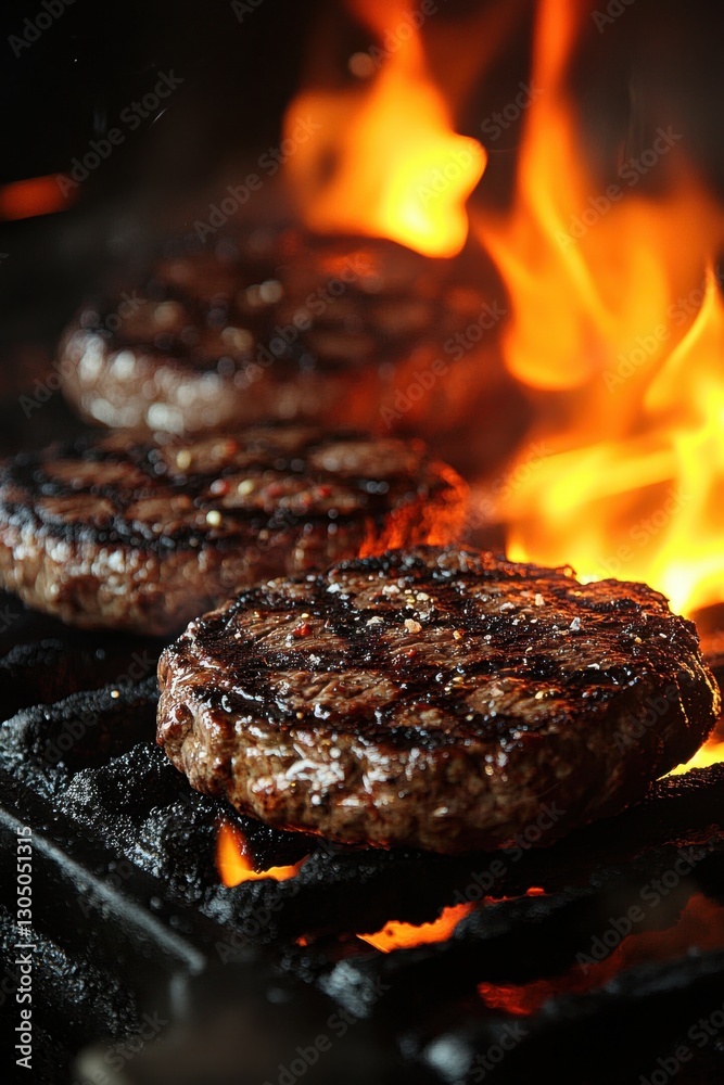 Sizzling Burger Patties on Grill with Flames Intense Heat and Delicious Aroma Capturing Culinary Artistry and Appetizing Texture in Restaurant Kitchen Sizzling Burger Patties on Grill with Flames Intense Heat and Delicious Aroma Capturing Culinary Artistry and Appetizing Texture in Restaurant Kitchen