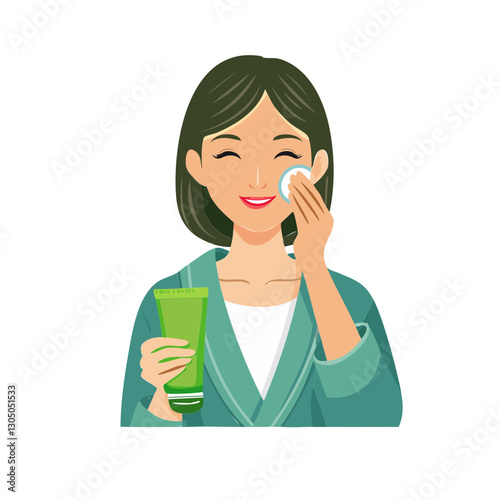Woman in a robe applying skincare cream to her face while holding a green tube of moisturizer