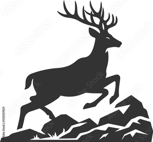 Deer running on an uneven rocky surface, adjusting its steps animal silhouette vector