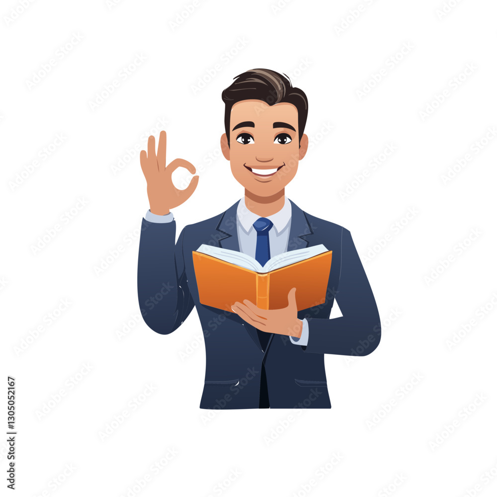 Young businessman enjoys reading book showing like sign approval gesture. Young businessman enjoys reading book showing like sign approval gesture.
