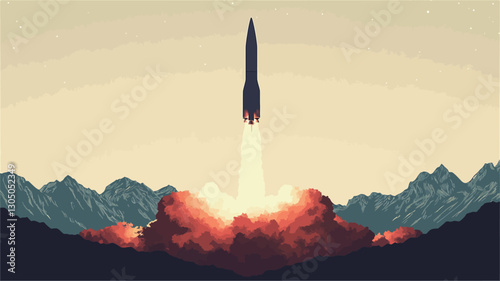 A stylized illustration depicting a rocket launching from a mountainous landscape at dawn. The rocket is depicted in silhouette against a pale yellow sky. The exhaust plume is a vibrant
