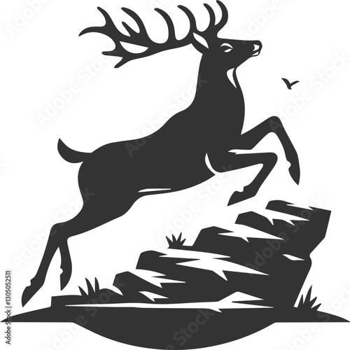 Deer running on an uneven rocky surface, adjusting its steps animal silhouette vector