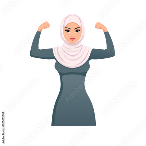 Powerful strong muslim woman raises arms and shows biceps.