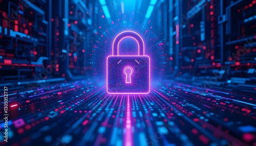 Digital Lock Graphic with Neon Effects on Futuristic Data Background for Security Concept and Technology Usage