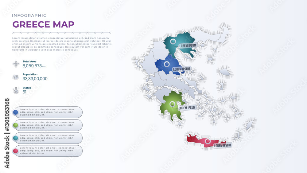 Fototapeta premium Total Area, Papulation, States & More Detailed Infographic Map of Greece. Greece country map infographic colored vector template with regions and pointer marks.