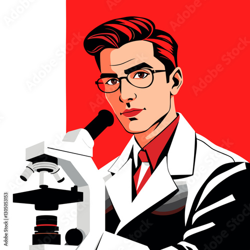 Young scientist with a microscope and confident expression in a laboratory environment