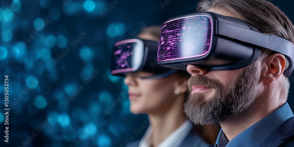 Two individuals wearing VR headsets are immersed in an engaging virtual environment, showcasing advanced technology and digital interaction. Two individuals wearing VR headsets are immersed in an engaging virtual environment, showcasing advanced technology and digital interaction.
