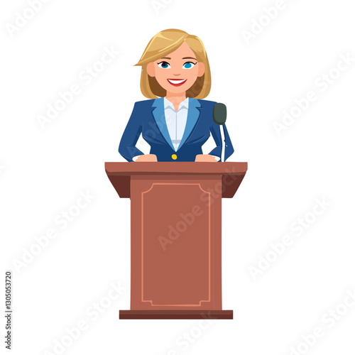 Woman in a suit behind the podium during a speech